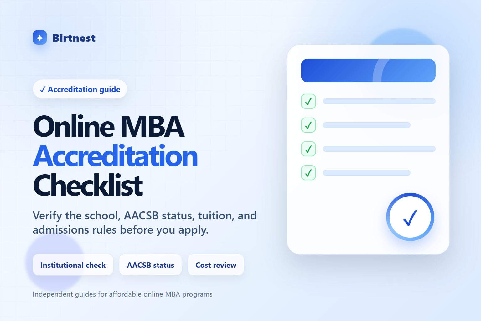 Online MBA accreditation checklist illustration for verifying schools before applying